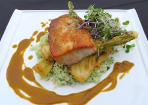 Guava Glazed Mahi Mahi with Coconut Bamboo Rice Tempura Baby Bok-Choy Coconut Curry